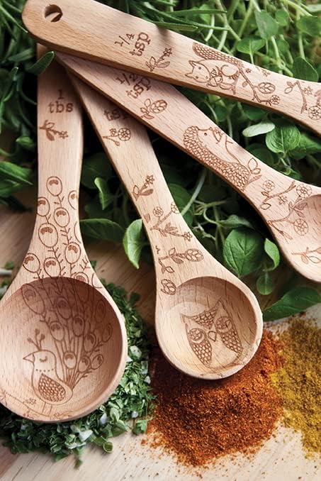 Talisman Designs Laser Etched Beechwood | Set of 4 | Woodland Design | Natural, Wooden Measuring Spoons Set| Cute & Functional Kitchen Tools