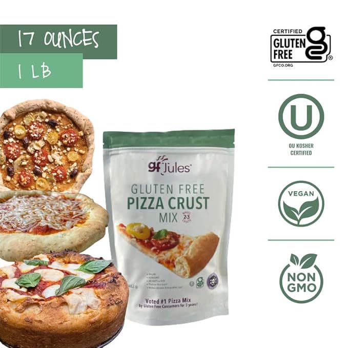 gfJules Certified Gluten Free Pizza Crust Mix | Deep Dish or Thin Crust | No Grit, Non-GMO, Vegan | Certified Top 9 Allergen-Free & Kosher | Makes two-three 12 in. Crusts | 17oz Pouch