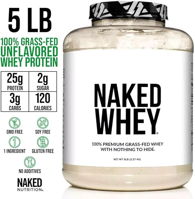 NAKED WHEY 5LB 100% Grass Fed Unflavored Whey Protein Powder - Only 1 Ingredient, Undenatured - No GMO, Soy or Gluten - No Preservatives - Promote Muscle Growth and Recovery - 76 Servings
