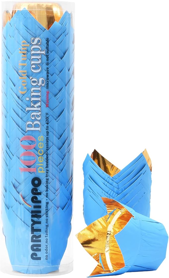 Party Hippo Gold Tulip Cupcake Liners 100 Pcs Baking Paper Cups Holders Greaseproof Muffin Cases Wrappers for Wedding Birthday Party Baby Shower (Blue)