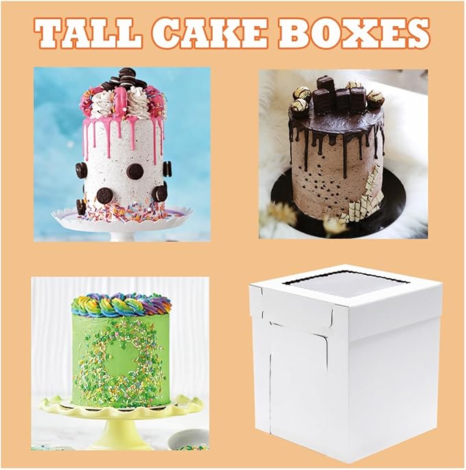 JJO Tall Cake Boxes for Tier Cakes,6 Pack 8x8x10 Inch,White Cake Boxes,Sturdy Tall Cake Carrier, Disposable Cake Containers