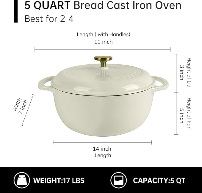 Premium Enameled Cast Iron Dutch Oven for Bread Baking | Non-Stick 5.5QT Oval Bread Oven with Lid | Perfect for Sourdough, Loaf, and Artisan Baking (Round Cream, 5.5 QT)