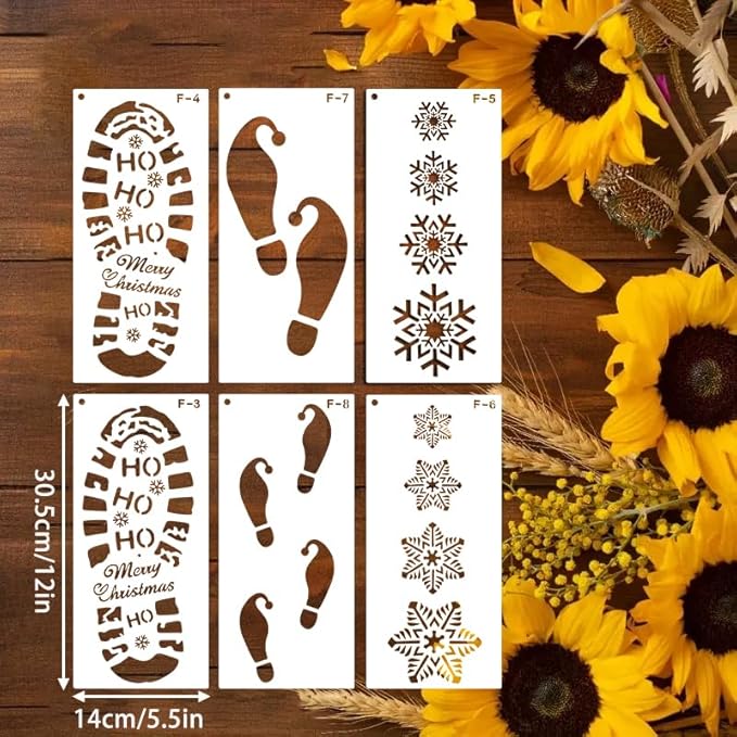 10Pcs Christmas Stencils for Painting Santa Footprints for Floor, Reindeer Foot and Snowflake Stencils Template,Reusable Plastic Elf Foot Print Stencil on DIY Craft Holiday Xmas Decor