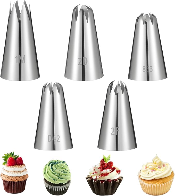 5 Pcs Piping Tip, Stainless Steel Icing Tips Wilton Piping Tips Set Cake Decorating Kit Baking Tools for Buttercream Icing Birthday Cupcake DIY Art