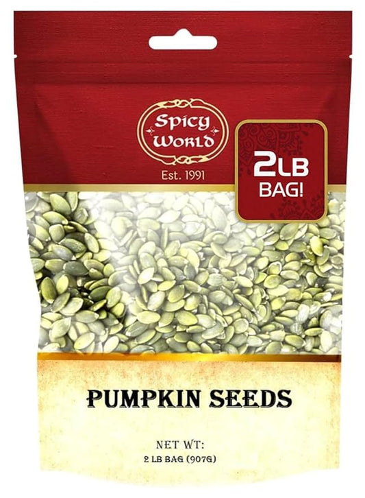 Raw Pumpkin Seeds 2 LB Bag - Shelled, AAA Grade, Unsalted, Dry, Vegan, Bulk Bag by Spicy World