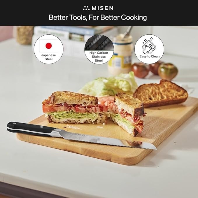 Misen Serrated Bread Knife – High-Carbon Japanese AUS8 Steel – Effortless Slicing of Bread, Pastries, and Fruits – Razor-Sharp Edge and Durable Blade with Ergonomic Handle - 8", Blue