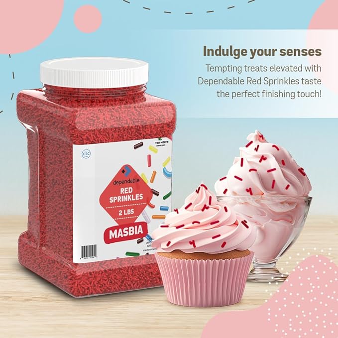 Dependable Food Red Sprinkles - 2 Lb. Bulk Container - Gluten-Free, Kosher, Red Jimmies for Cake Decorating, Cupcakes & More - Resealable Jar