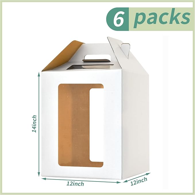 6 Pack Tall Cake Boxes for Tier Cakes with windows,12x12x14 Inch Large Tiered Cake Box,10in 12in Tall Cake Carrier,large Layer cake box Cake Containers