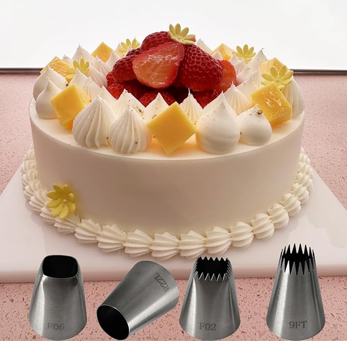 4Pcs Extra Large Piping Tips, Cookie Decorating Tools Cake Decorating Tips Frosting Icing Tips Piping Nozzles Baking Tools for Cupcake Cake Cookie Pastry, Food Grade Stainless Steel, F02 F06 9FT R22L
