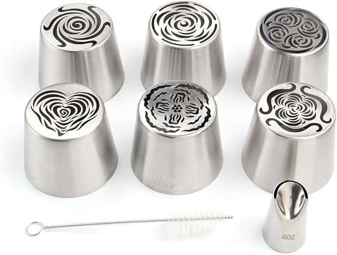 6 Pieces Stainless Steel Extra Large Russian Tulip Icing Tips Kit, Cupcake Dessert Marshmallow Piping Nozzles Set,1 Cleaning Brush,1 Medium Ruffle Icing Tip for Cake Decorations,Pastry Baking Tools