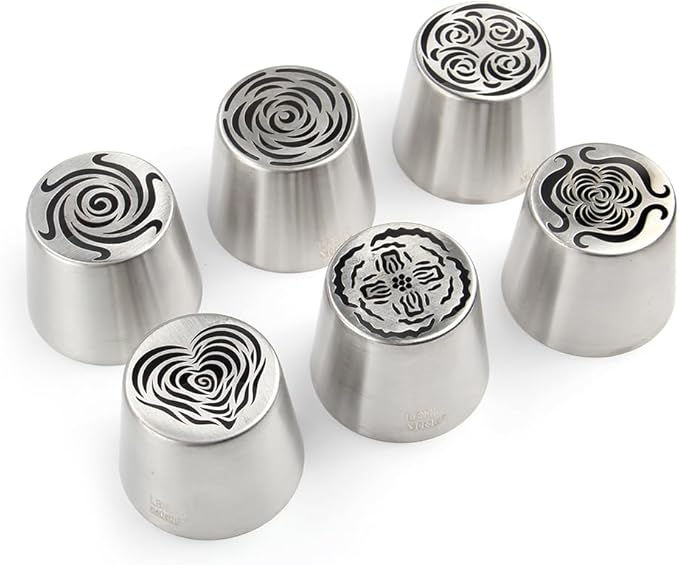6 Pieces Stainless Steel Extra Large Russian Tulip Icing Tips Kit, Cupcake Dessert Marshmallow Piping Nozzles Set,1 Cleaning Brush,1 Medium Ruffle Icing Tip for Cake Decorations,Pastry Baking Tools
