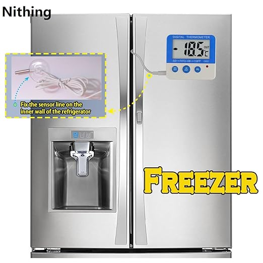 Nithing Fridge Freezer Thermometer Max/Min Memory High & Low Temperature Alarms Settings with LED Indicator Digital Refrigeration Thermometer with Magnetic,Stander