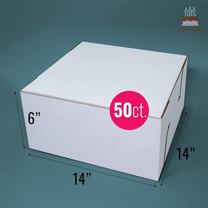 14x14x6 inches Corrugated Heavy-Duty White/Brown Sturdy Kraft Cake Boxes (50-Pack)