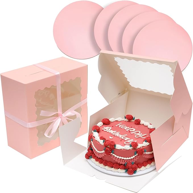 Bakepacker 36pcs 8x8x5 Inches with Window 18-Packs Pink 8 Inch Bakery Boxes (18 Cake Boxes +18 Cake Boards Included)