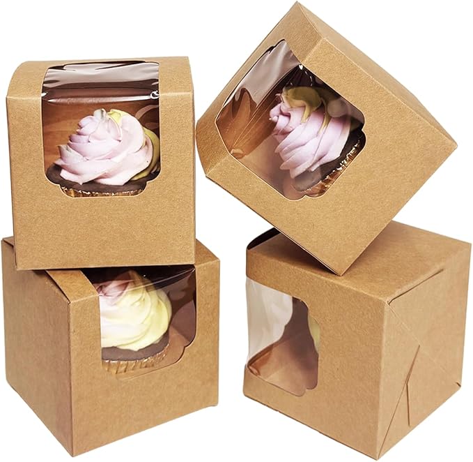 Bakepacker Auto-pop up Cupcake Boxes 100-Packs Individual Cupcake Container Brown 3.5" x 3.5" x 3.5" Single Cupcake Boxes