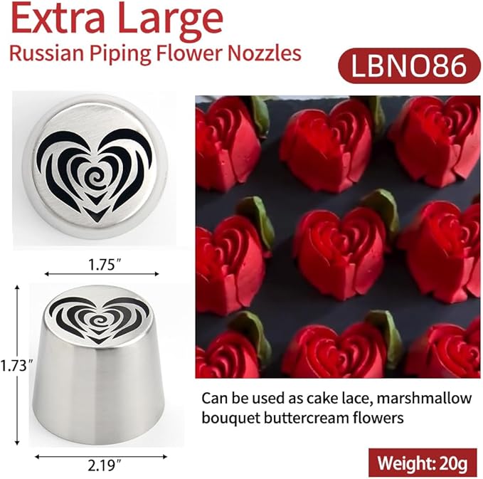 Extra Large Russian Piping Tip Set - 6 Stainless Steel Marshmallow Buttercream Framing Nozzles for 3D Roses Tulip Cake Decorations and Marshmallow Bouquets, Includes 1 Cleaning Brush(6H)