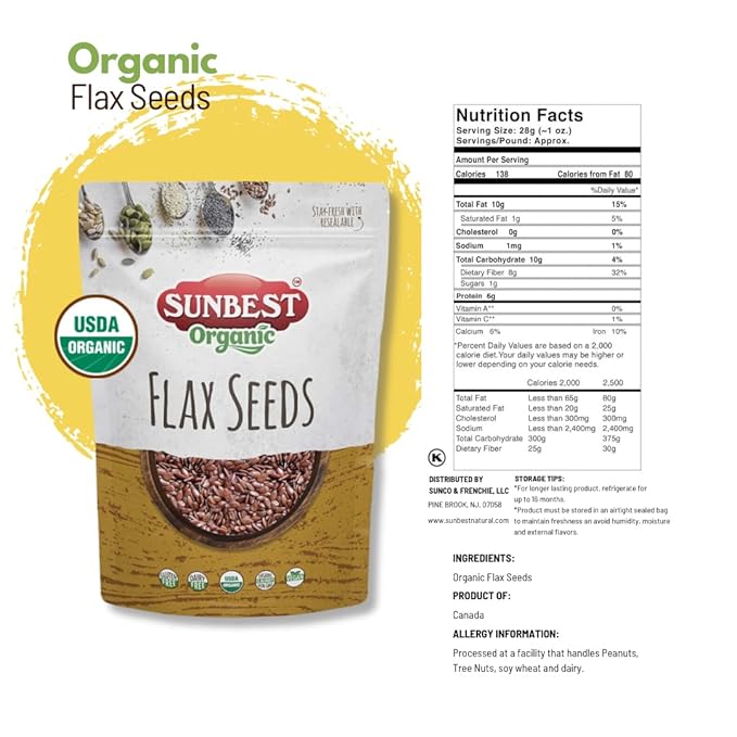 Sunbest Natural Organic Flax Seeds 32 oz (2 LB) - USDA organic, Non-GMO, Gluten Free, Vegan, Kosher- Premium Quality Superfood, Omega-3s, Fiber for Heart Health and Digestive Support - 2-Pack 16 oz