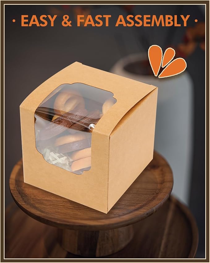 Bakepacker Auto-pop up Cupcake Boxes 100-Packs Individual Cupcake Container Brown 3.5" x 3.5" x 3.5" Single Cupcake Boxes