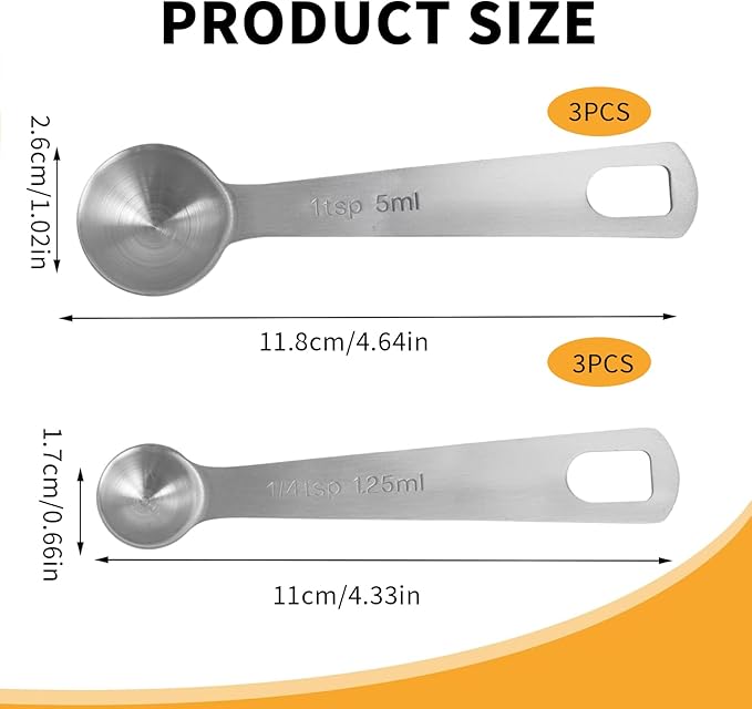 6 Pcs of Teaspoon Measuring Spoons, Stainless Steel Table Spoons 1 Tsp Scoop 1/4 Tablespoon, Comfortable Grip Handle, Precise Scale, Suitable for Kitchen Baking and Cooking, Etc.