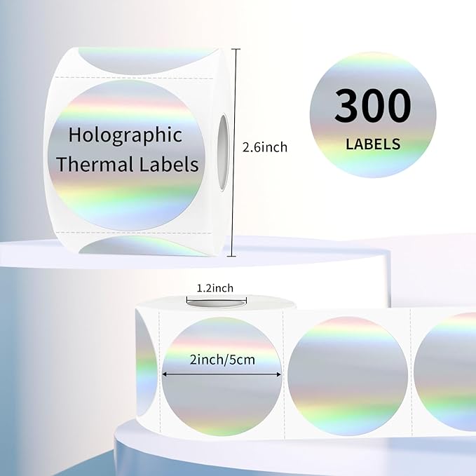 2" Circle Holographic Thermal Label Stickers, Round Printable Rainbow Glitter Thermal Printer Sticker Labels for Gift Wrapping, Self-Adhesive DIY Custom Logo Design- Silver (300Pcs/Roll)