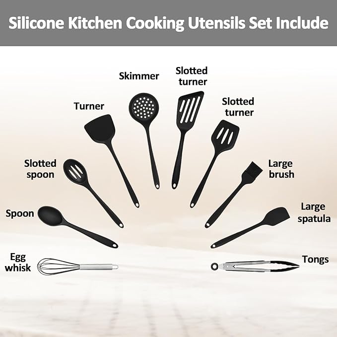 Silicone Kitchen Utensils Set, 600°F Heat Resistant Cooking Utensils Set with Slotted Turner, Tongs, Whisk, Spoons, Spatulas, Brush, Kitchen Gadgets Sets for Nonstick Cookware, Black