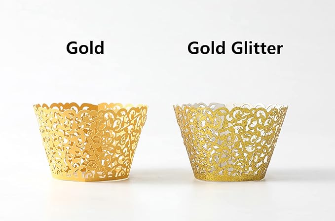 100pcs Cupcake Wrappers Artistic Bake Cake Paper Cups Little Vine Lace Laser Cut Liner Baking Cup Muffin Case Trays for Wedding Party Birthday Decoration (Gold Glitter)