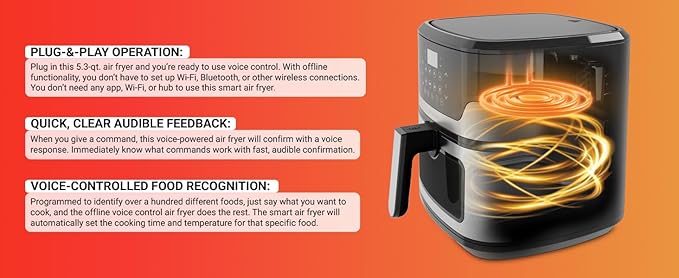 Emerson SmartVoice 10QT 6-in-1 Air Fryer, 1000+ Voice Control Commands, 100+ Recognized Food, No APP, No WIFI, No Setup, Nonstick Basket, Air Fry, Bake, Reheat, Dehydrate, 1700W