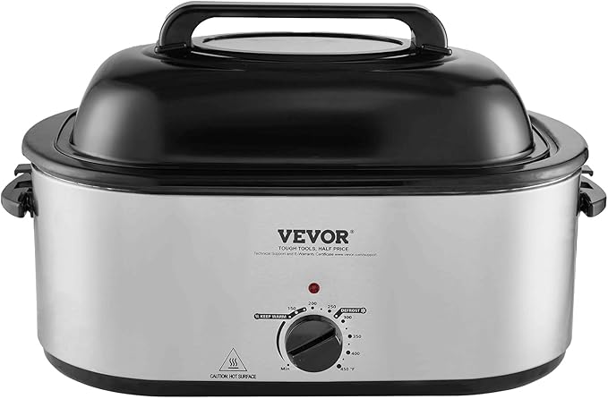 VEVOR Electric Roaster Oven with Defrost & Warm Function, 24 QT Turkey Roaster Oven with Self-Basting Lid, 1450W, Adjustable Temp, Removable Pan & Rack, Fits Turkeys Up to 28LBS, Silver