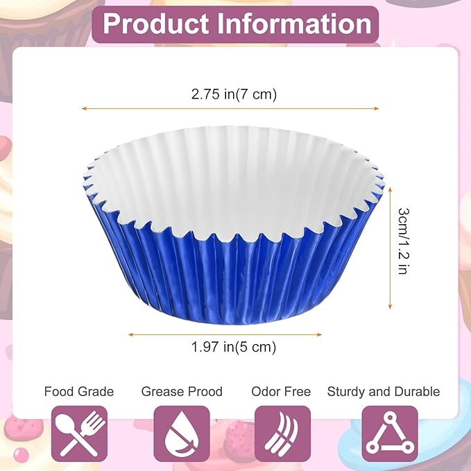 HARFINGTON 100 Count Blue Foil Muffins Cupcake Liners Standard Size Metallic Baking Cups Wrappers Greaseproof for Party Wedding Birthday