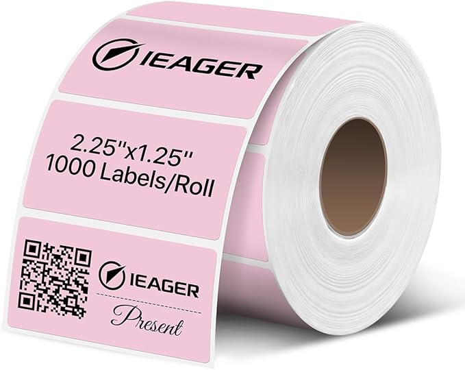 iEager 2.25x1.25 Inch Thermal Labels, Pink Durable Thermal Printer Stickers, Self-Adhesive Rectangle Shipping Label Printer Sticker for Barcode, Name, Address, 1000 Labels/Roll