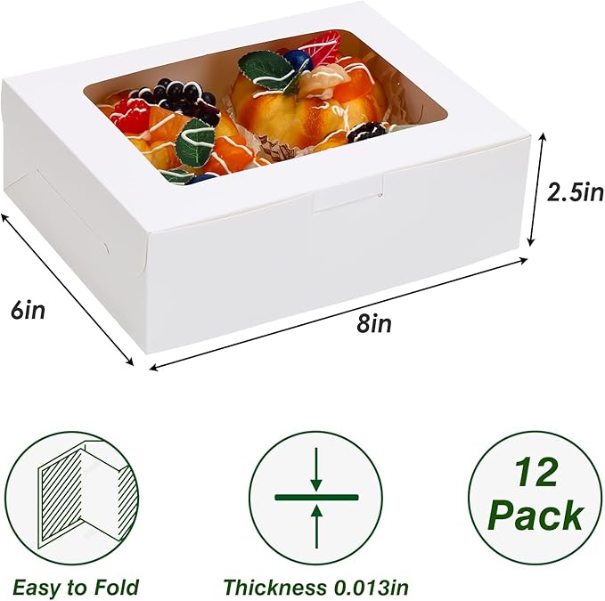 TOMNK 12pcs 8x6x2.5 Inches Bakery Boxes with Window, Cookie Boxes for Chocolate Strawberries, Donuts, Cupcakes, Muffins and Dessert