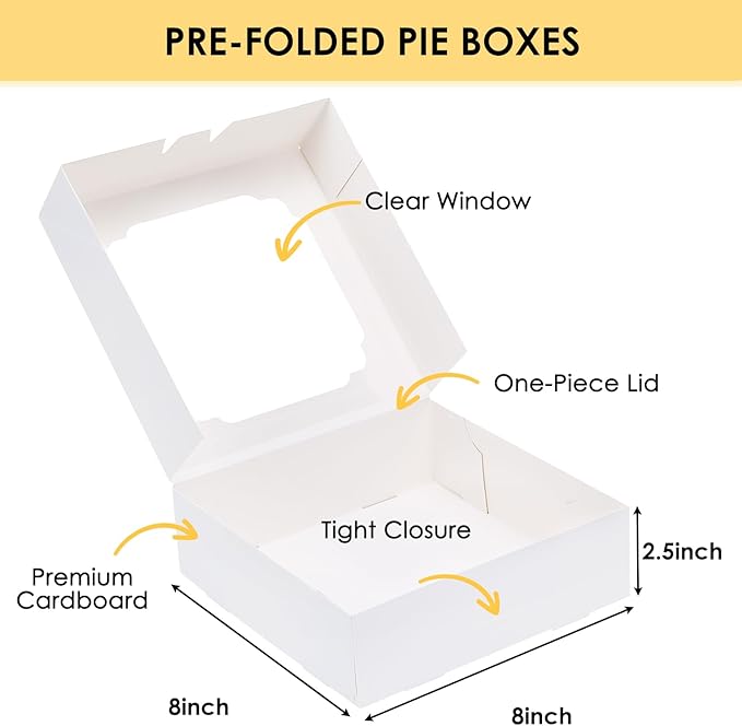 Moretoes 45pcs Bakery Boxes, 8x8x2.5 Inches Cookie Boxes with Window Treat Container for Pie, Strawberry Chocolate, Cakes, Pastries
