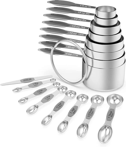 Wildone 16Pc Stainless Steel Measuring Set, 8 Cups & 7 Magnetic Measuring Spoons, Stackable & 1 Leveler (Gray)