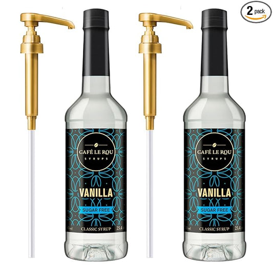 "NEW" Café Le Rou Coffee Syrup Sugar Free Vanilla, 25.4oz (Pack of 2)*Includes 2 Coffee Syrup Pumps* Cafe Coffee Flavoring Syrup for Coffee, Tea, and Espresso
