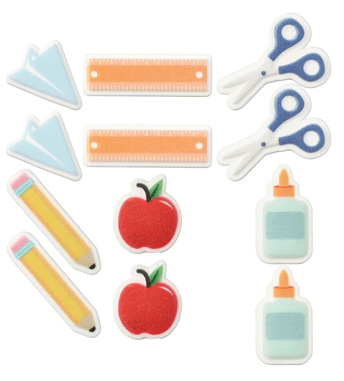 School Assortment - Glue, Ruler, Scissor, Apple, Paper Airplane, and Pencil Edible Sugar Cake Toppers, 12 Count