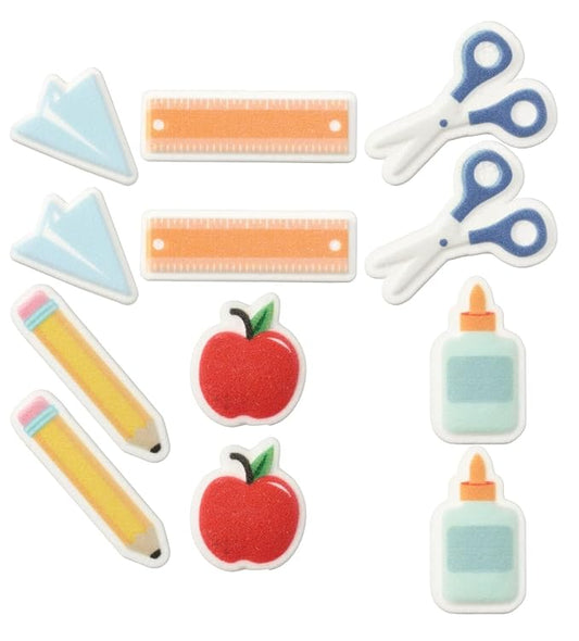 School Assortment - Glue, Ruler, Scissor, Apple, Paper Airplane, and Pencil Edible Sugar Cake Toppers, 12 Count