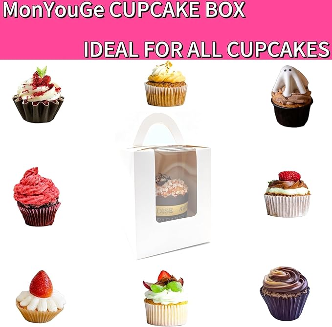 100-Set Individual Cupcake Boxes Bulk with Clear Display Window, Disposable Food Grade White Cupcake Carrier Cupcake Container, Perfect for Cupcakes Muffins Cookies Pastries