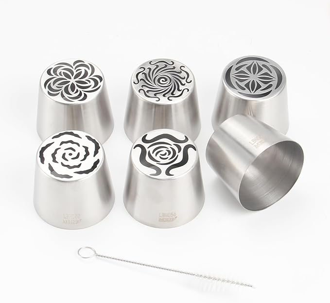 Extra Large Russian Piping Tip Set - 6 Stainless Steel Marshmallow Buttercream Framing Nozzles for 3D Roses Tulip Cake Decorations and Marshmallow Bouquets, Includes 1 Cleaning Brush(6F)