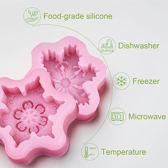 Snowflake Silicone Molds Christmas Snowflake Soap Molds Snowflakes Candle Mold 3D Christmas Silicone Chocolate Mold for Making Soaps Candles Bath Bomb Cookie Cake Candy Chocolate Muffins Ice(2 Pink)