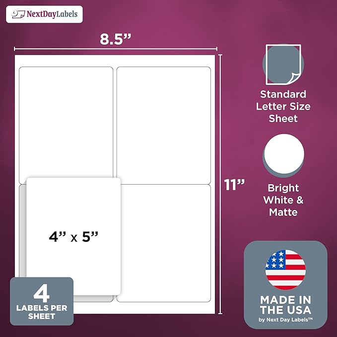 NextDayLabels – 4” x 5” Rectangular Sticker Labels for Printer - White Laser/Inkjet Printer Labels Return Address Labels Shipping Label Stickers (100 Sheets, 4 Per Sheet, 400 Labels)