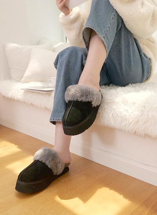 Parfeying Women's Sheepskin House Slippers Indoor Outdoor Shearling Shoes for Women
