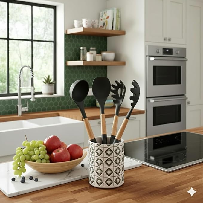 Kitchen Utensils Set, Special Edition with Silicon Handle, Silicone Cooking Tools, 6 Piece, Black, 12.9 Inch Length, Used for Cooking, Baking, Mixing, Serving