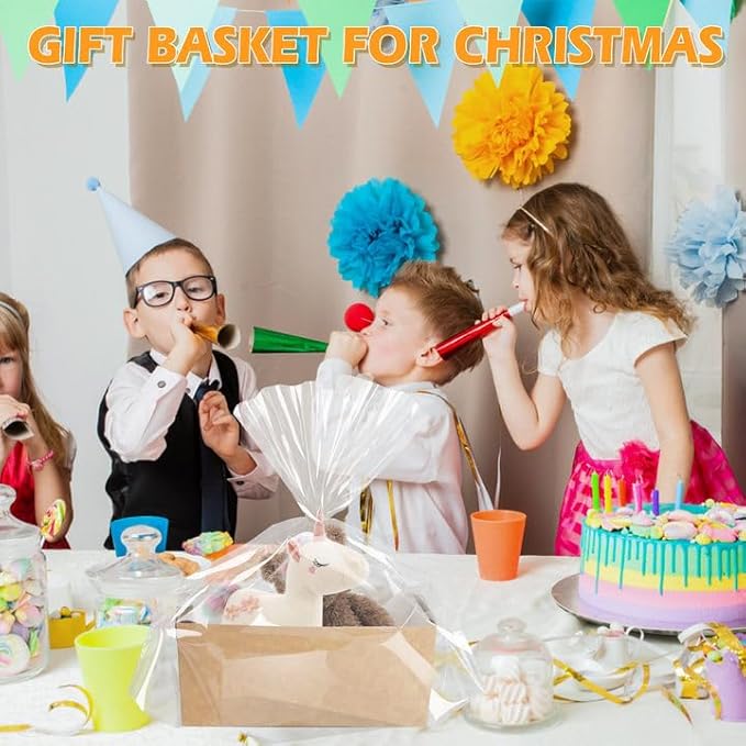 100 Pack Disposable Paper Gift Baskets 2Lb Loaf Pans for Baking Rectangle Bread Storage Bags with Clear Plastic Bags and Ties Kit for DIY Bakery Birthday Wedding Bow Party Gift Wrapping