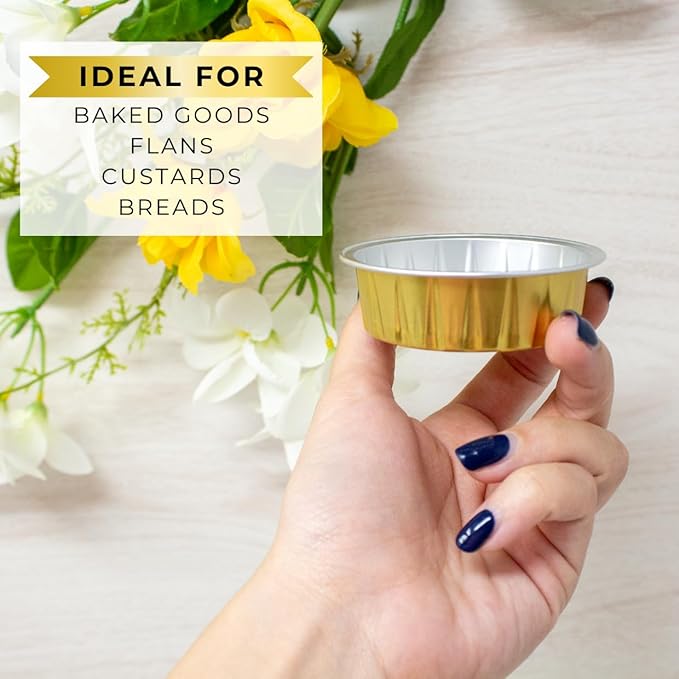 CMJJ 100ct Tiny 2oz Gold Bakeable Aluminum Cups | Mini Disposable Ramekins | Baking Essentials for Parties, Weddings, Catering