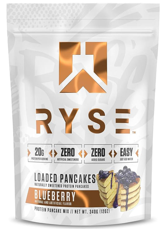 RYSE Loaded Protein Pancake & Waffle Mix - Blueberry - Naturally Sweetened Breakfast with 21g Protein, 3g MCTs and 2g Fiber - No Added Sugar - High Protein Snack for Clean Energy - 6 Servings