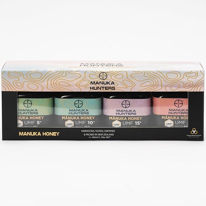 Manuka Hunters Raw New Zealand Honey Gift Set 4-Pack Honey Sampler with UMF 5+,10+,15+,20+ (250g = 85ml Each) – 100% Pure Natural Sweetener - Ideal for Tea, Coffee, Smoothies, Baking - Sustainable