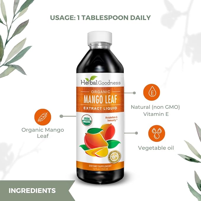 Mango Leaf Extract Liquid Organic - African Mango - Gut, Immunity, Digestive Support, General Wellness - Natural Supplements -12oz btl - Herbal Goodness