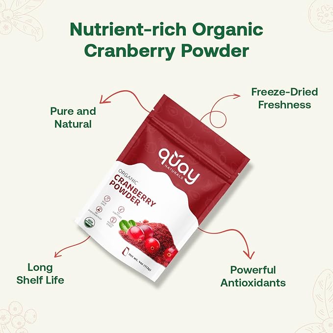 Quay Naturals Organic Cranberry Juice Powder, 4oz | Made from US-Sourced Cranberries | USDA Organic, Freeze-Dried, Non-GMO, No Additives | For Smoothies & Baking