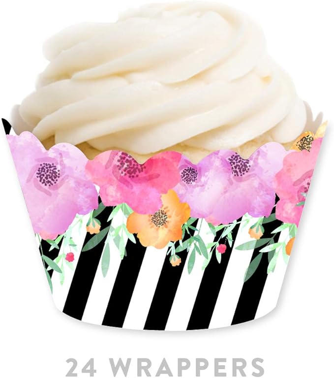 Andaz Press Party Cupcake Wrapper Decorations, Pink Floral Flowers with Black and White Stripes, 24-Pack, For Girls 1st Birthday Baby Bridal Shower Tea Party Themed Decorations