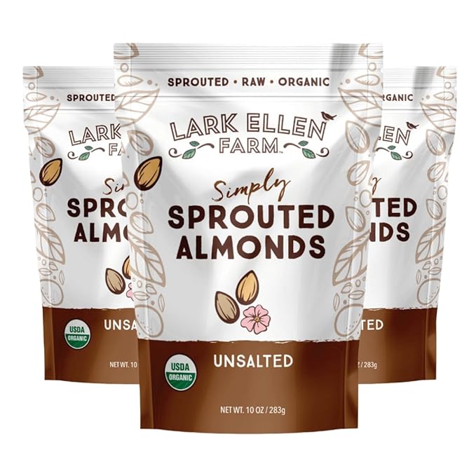 Lark Ellen Farm Organic Sprouted Almonds, Unsalted – USDA Organic, Raw, Vegan, Gluten-Free, Non-GMO, Paleo-Friendly, Plant-Based Protein Snack, Resealable Bag to Retain Freshness, 10 oz (3-Pack)